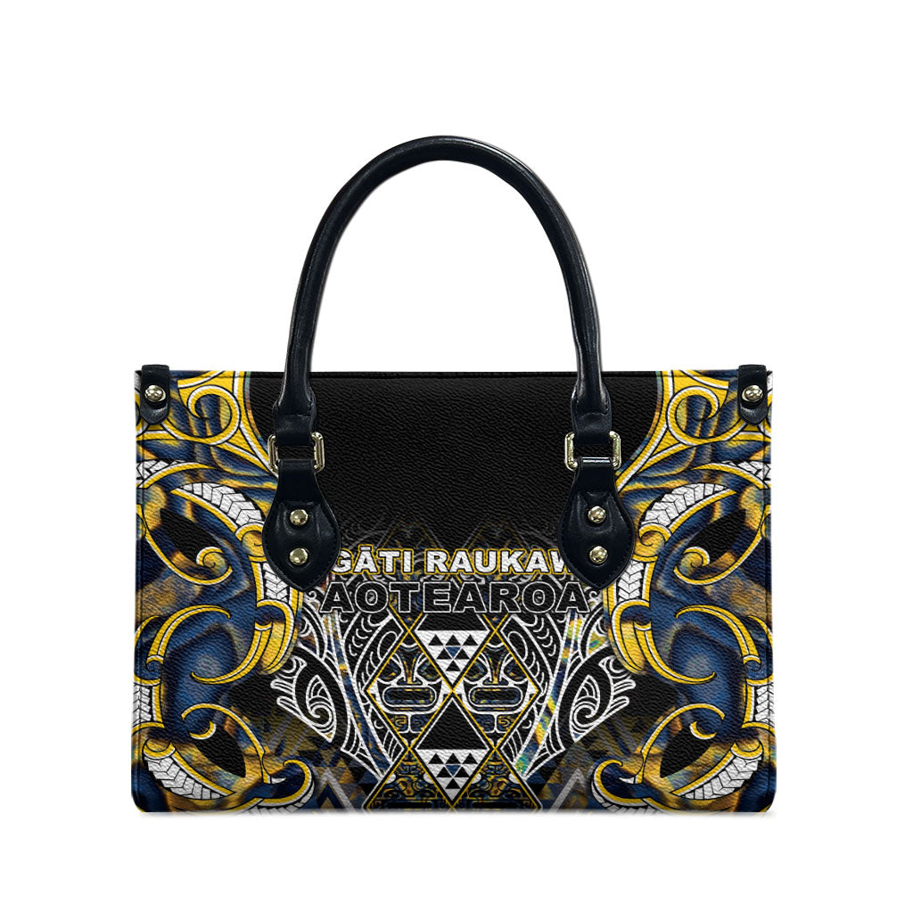 Aotearoa Ngati Raukawa Leather Bag Maori Tribal Yellow And Navy Paua Shell Pattern DT05 - Polynesian Pride