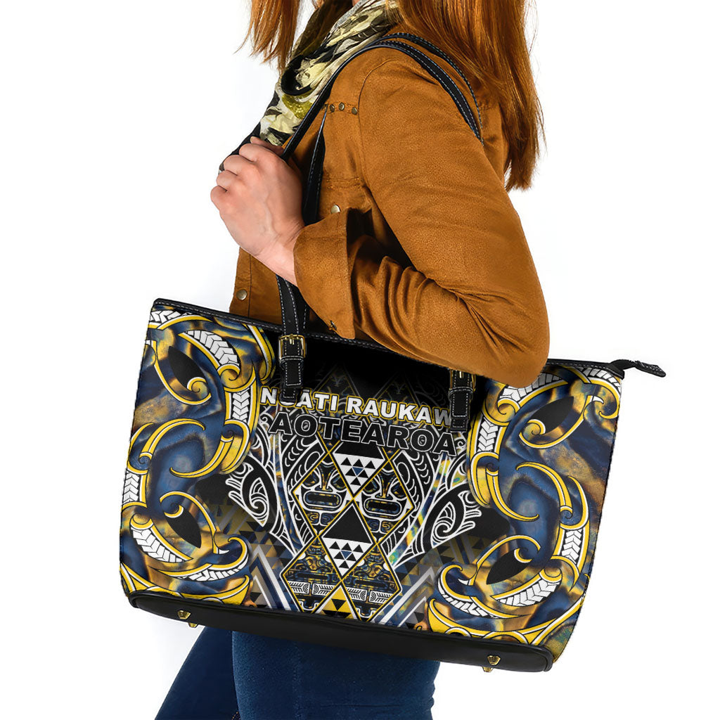 Aotearoa Ngati Raukawa Leather Tote Bag Maori Tribal Yellow And Navy Paua Shell Pattern DT05 Yellow - Polynesian Pride