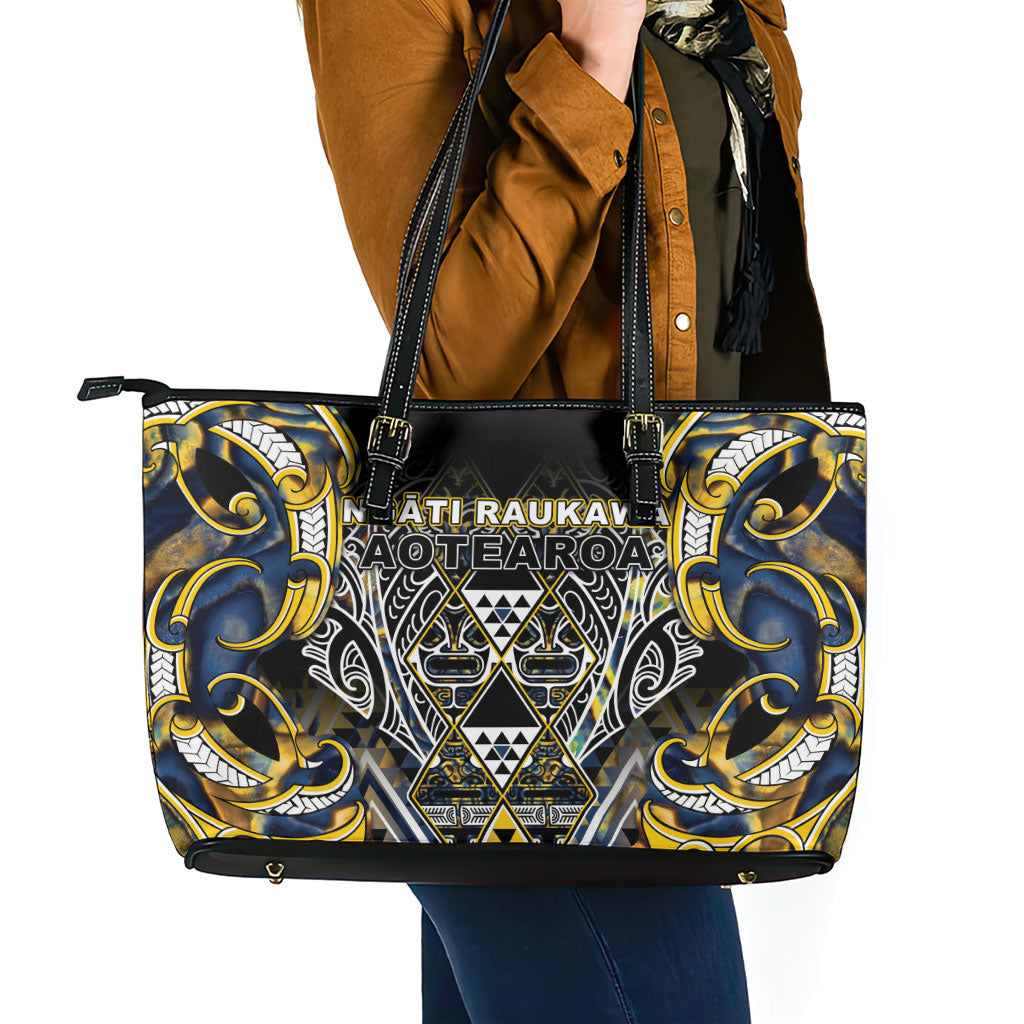 Aotearoa Ngati Raukawa Leather Tote Bag Maori Tribal Yellow And Navy Paua Shell Pattern DT05 - Polynesian Pride