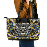 Aotearoa Ngati Raukawa Leather Tote Bag Maori Tribal Yellow And Navy Paua Shell Pattern DT05 - Polynesian Pride