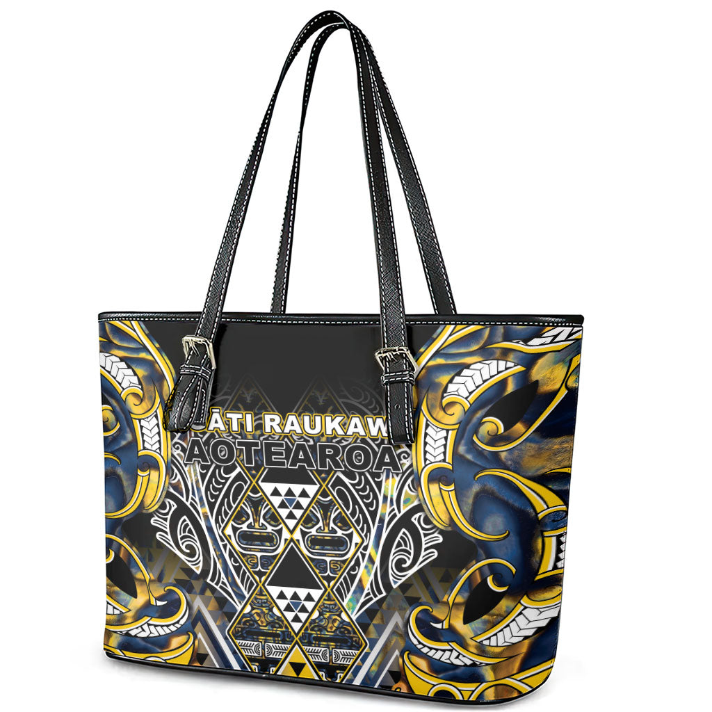 Aotearoa Ngati Raukawa Leather Tote Bag Maori Tribal Yellow And Navy Paua Shell Pattern DT05 - Polynesian Pride