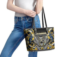 Aotearoa Ngati Raukawa Leather Tote Bag Maori Tribal Yellow And Navy Paua Shell Pattern DT05 - Polynesian Pride