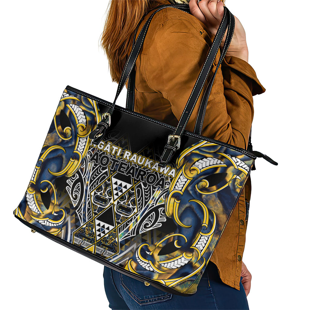 Aotearoa Ngati Raukawa Leather Tote Bag Maori Tribal Yellow And Navy Paua Shell Pattern DT05 - Polynesian Pride
