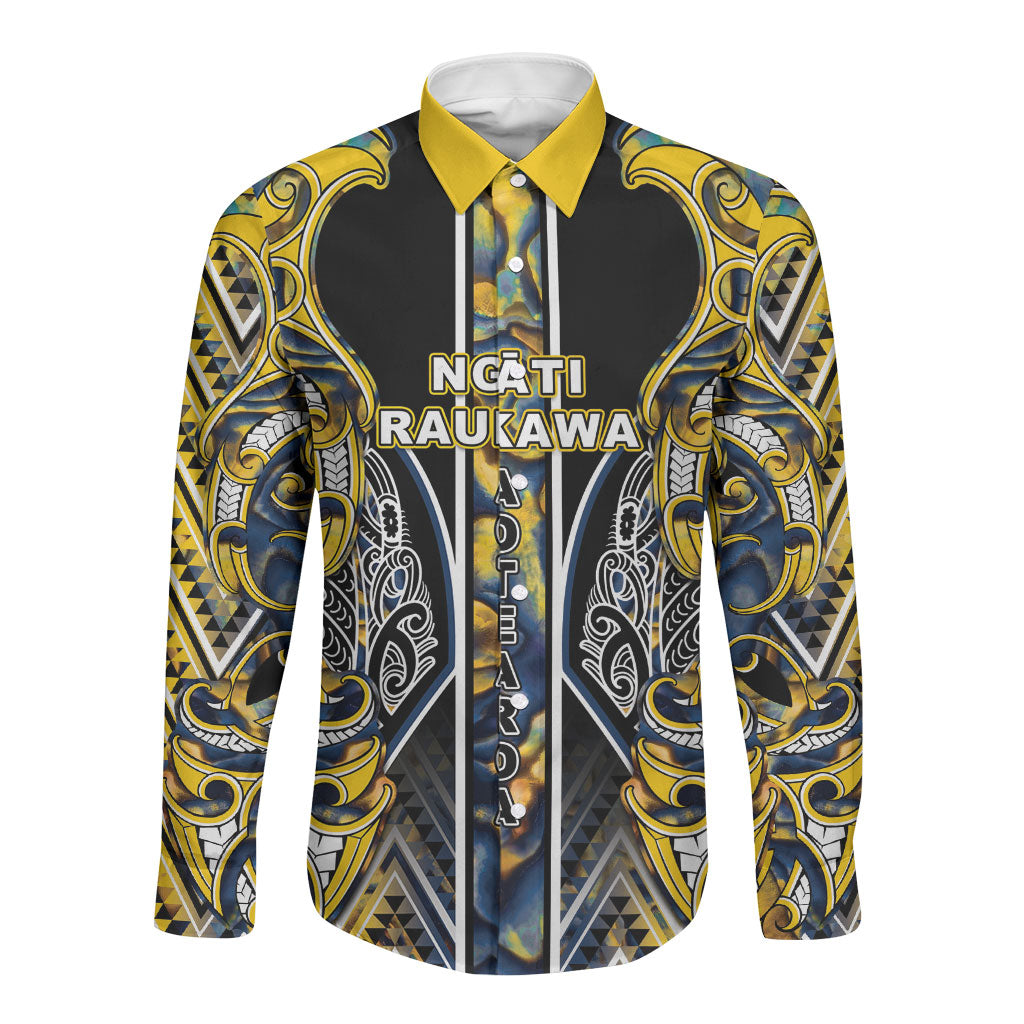 Aotearoa Ngati Raukawa Long Sleeve Button Shirt Maori Tribal Yellow And Navy Paua Shell Pattern DT05 Unisex Yellow - Polynesian Pride