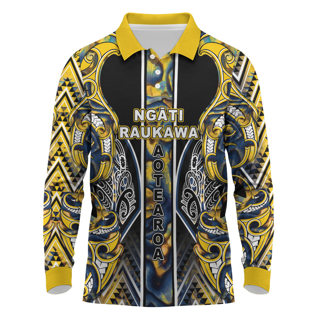 Aotearoa Ngati Raukawa Long Sleeve Polo Shirt Maori Tribal Yellow And Navy Paua Shell Pattern DT05 Yellow - Polynesian Pride