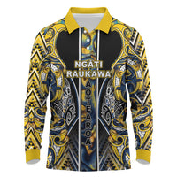 Aotearoa Ngati Raukawa Long Sleeve Polo Shirt Maori Tribal Yellow And Navy Paua Shell Pattern DT05 Yellow - Polynesian Pride