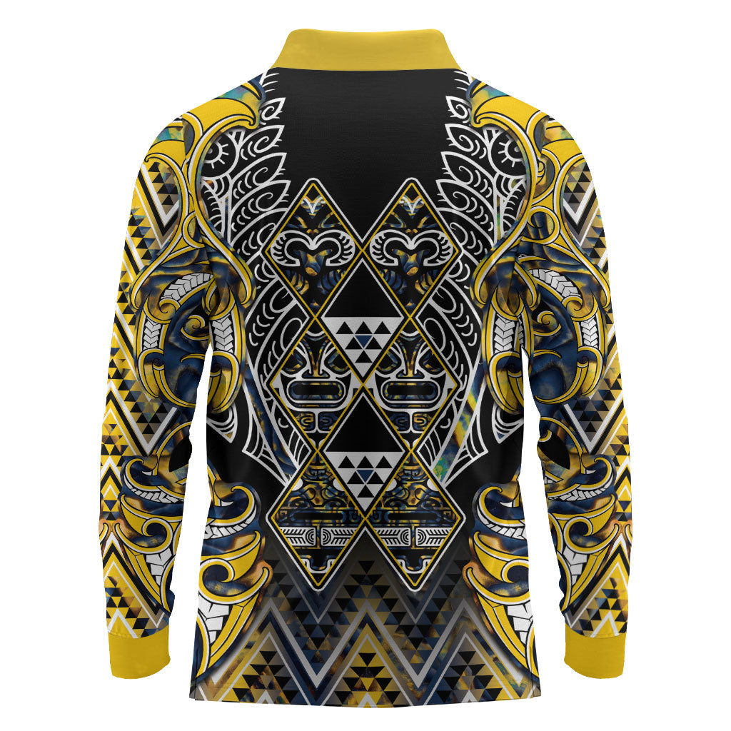 Aotearoa Ngati Raukawa Long Sleeve Polo Shirt Maori Tribal Yellow And Navy Paua Shell Pattern DT05 - Polynesian Pride