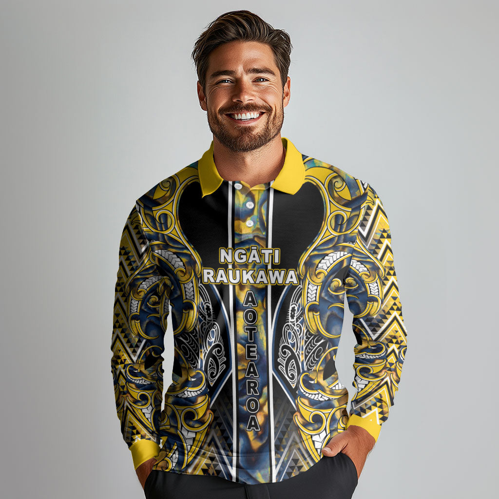 Aotearoa Ngati Raukawa Long Sleeve Polo Shirt Maori Tribal Yellow And Navy Paua Shell Pattern DT05 - Polynesian Pride