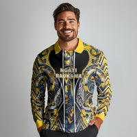 Aotearoa Ngati Raukawa Long Sleeve Polo Shirt Maori Tribal Yellow And Navy Paua Shell Pattern DT05 - Polynesian Pride
