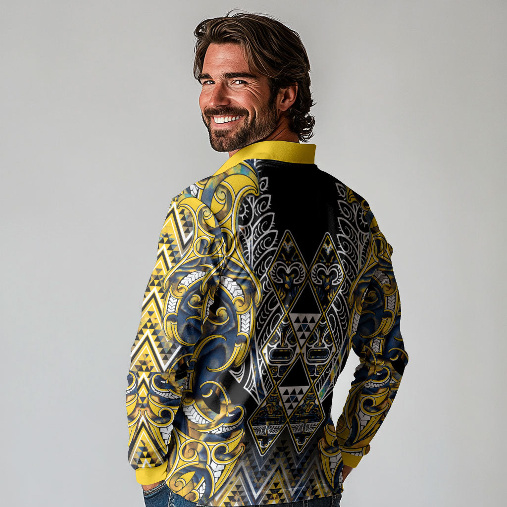 Aotearoa Ngati Raukawa Long Sleeve Polo Shirt Maori Tribal Yellow And Navy Paua Shell Pattern DT05 - Polynesian Pride