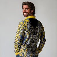 Aotearoa Ngati Raukawa Long Sleeve Polo Shirt Maori Tribal Yellow And Navy Paua Shell Pattern DT05 - Polynesian Pride