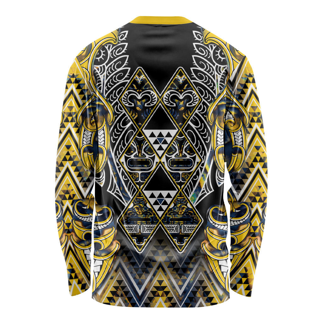 Aotearoa Ngati Raukawa Long Sleeve Shirt Maori Tribal Yellow And Navy Paua Shell Pattern DT05 - Polynesian Pride