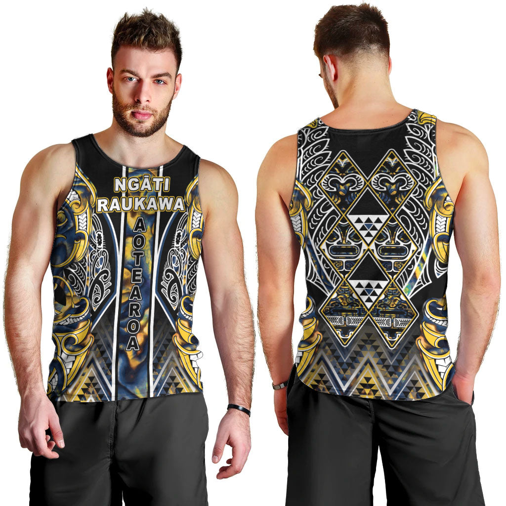 Aotearoa Ngati Raukawa Men Tank Top Maori Tribal Yellow And Navy Paua Shell Pattern DT05 - Polynesian Pride
