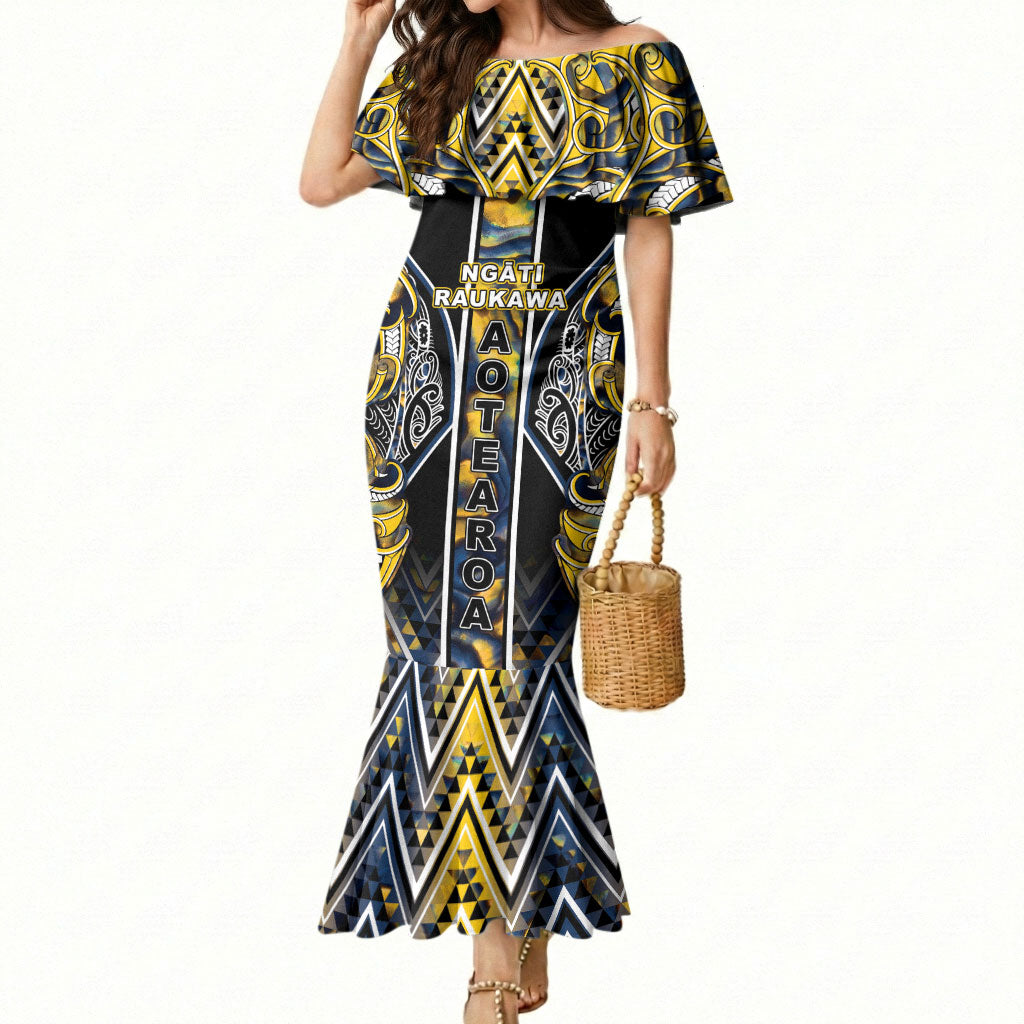 Aotearoa Ngati Raukawa Mermaid Dress Maori Tribal Yellow And Navy Paua Shell Pattern DT05 Women Yellow - Polynesian Pride