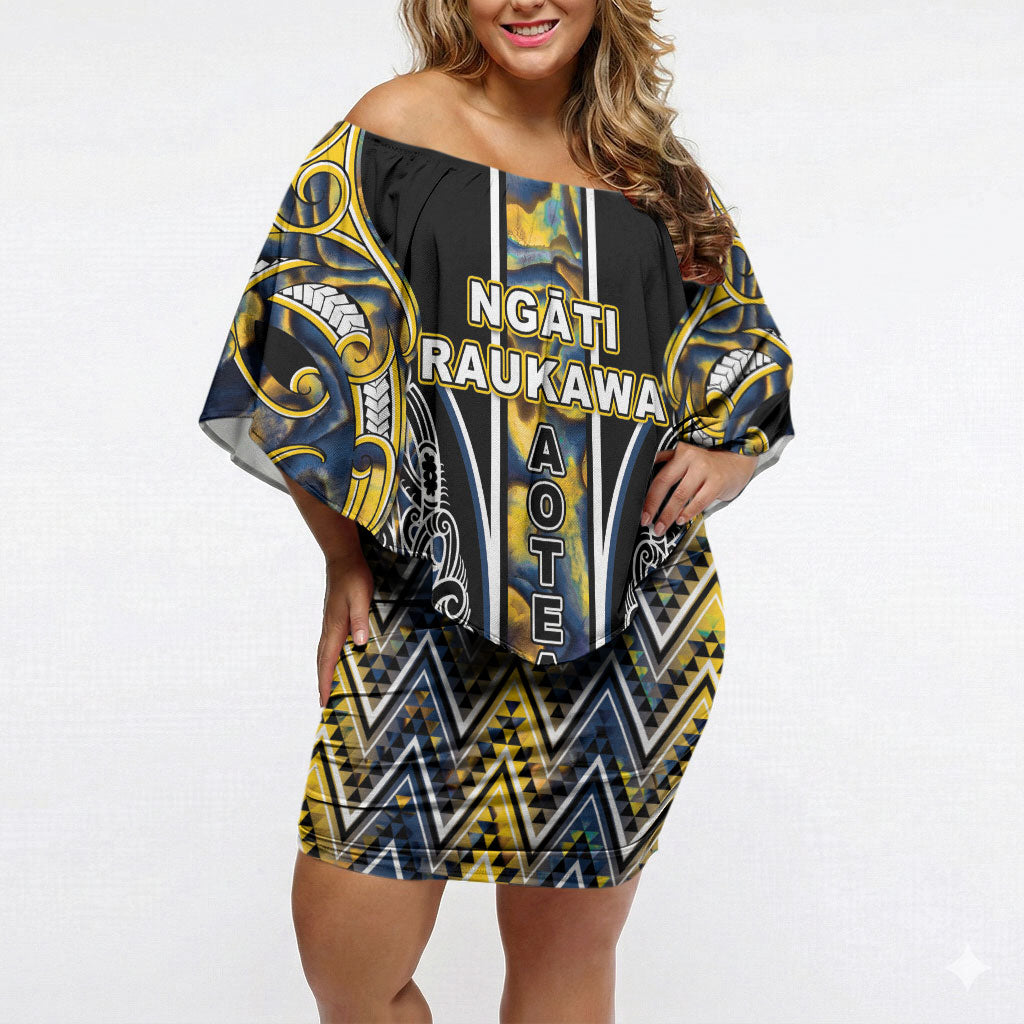 Aotearoa Ngati Raukawa Off Shoulder Short Dress Maori Tribal Yellow And Navy Paua Shell Pattern DT05 Women Yellow - Polynesian Pride