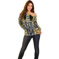 Aotearoa Ngati Raukawa Off Shoulder Sweater Maori Tribal Yellow And Navy Paua Shell Pattern DT05 - Polynesian Pride