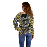 Aotearoa Ngati Raukawa Off Shoulder Sweater Maori Tribal Yellow And Navy Paua Shell Pattern DT05 - Polynesian Pride