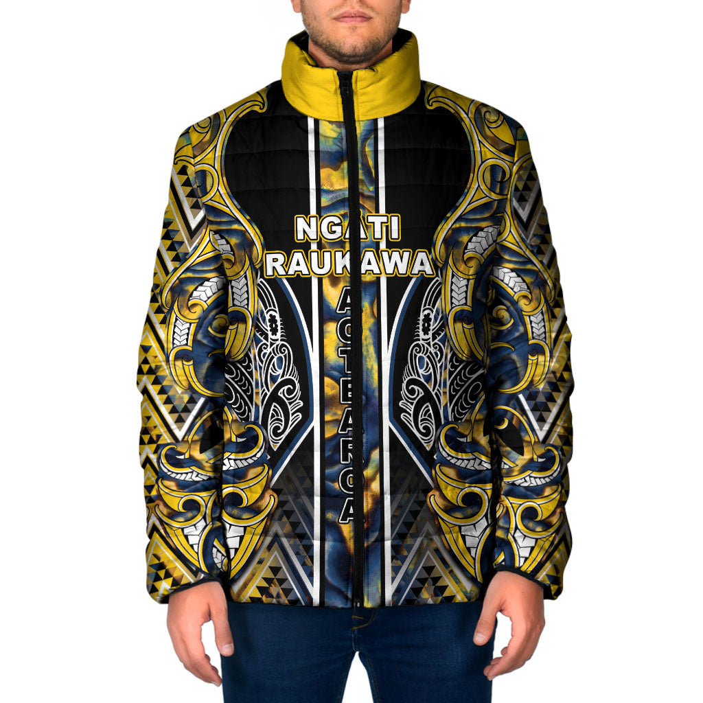 Aotearoa Ngati Raukawa Padded Jacket Maori Tribal Yellow And Navy Paua Shell Pattern DT05 Men Yellow - Polynesian Pride