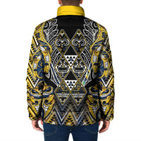 Aotearoa Ngati Raukawa Padded Jacket Maori Tribal Yellow And Navy Paua Shell Pattern DT05 - Polynesian Pride