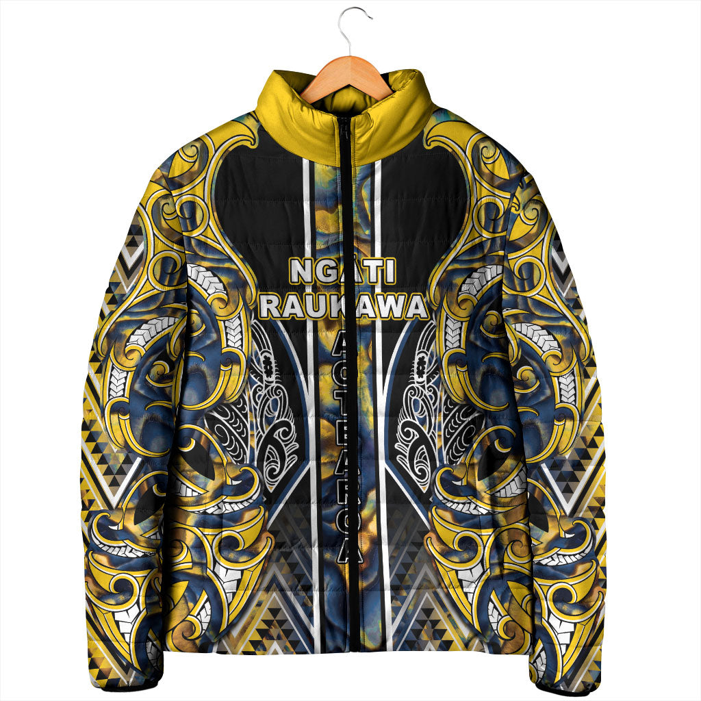 Aotearoa Ngati Raukawa Padded Jacket Maori Tribal Yellow And Navy Paua Shell Pattern DT05 - Polynesian Pride