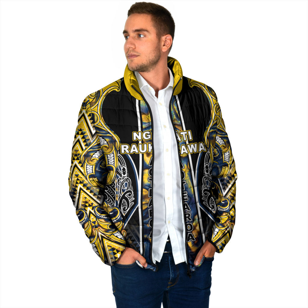 Aotearoa Ngati Raukawa Padded Jacket Maori Tribal Yellow And Navy Paua Shell Pattern DT05 - Polynesian Pride