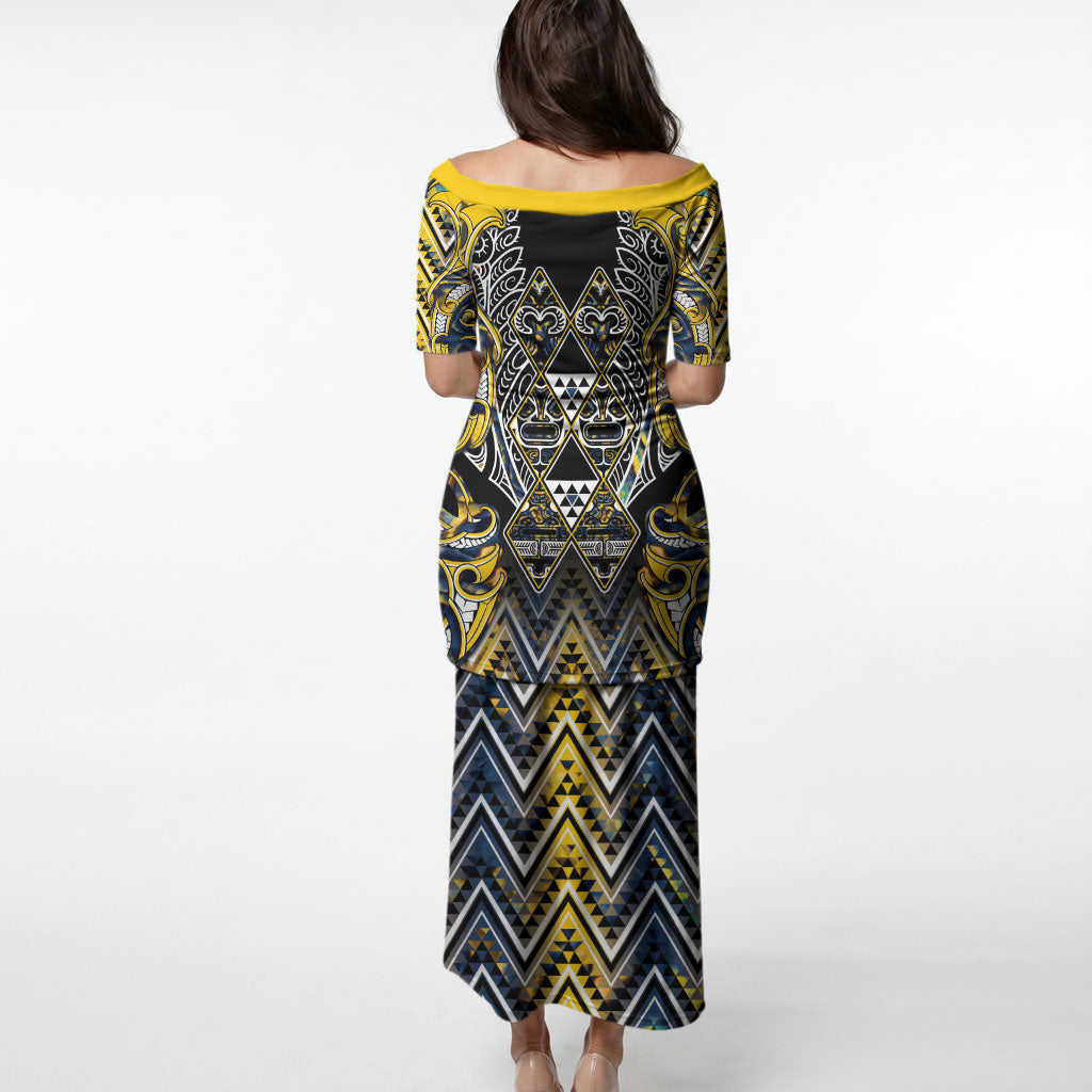 Aotearoa Ngati Raukawa Puletasi Maori Tribal Yellow And Navy Paua Shell Pattern DT05 - Polynesian Pride