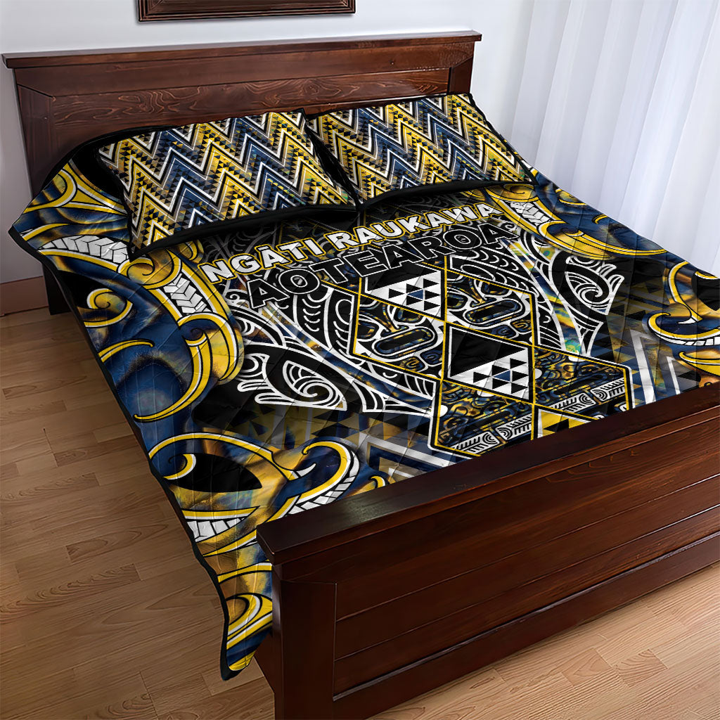Aotearoa Ngati Raukawa Quilt Bed Set Maori Tribal Yellow And Navy Paua Shell Pattern DT05 - Polynesian Pride