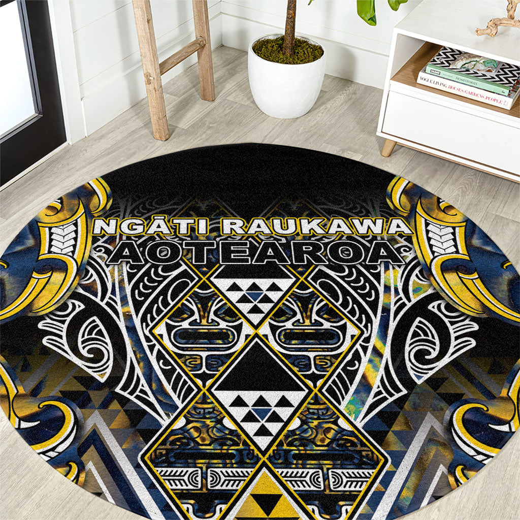 Aotearoa Ngati Raukawa Round Carpet Maori Tribal Yellow And Navy Paua Shell Pattern DT05 Yellow - Polynesian Pride