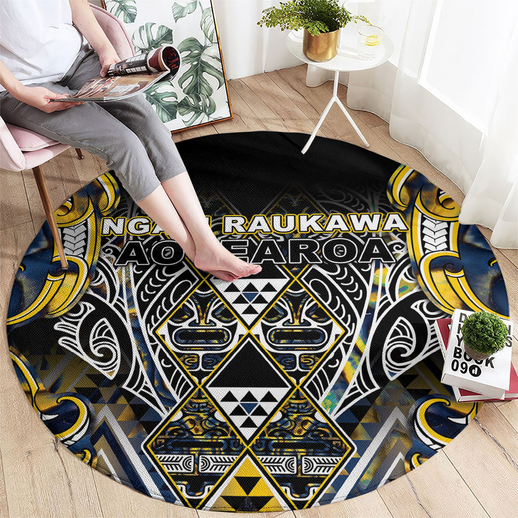 Aotearoa Ngati Raukawa Round Carpet Maori Tribal Yellow And Navy Paua Shell Pattern DT05 - Polynesian Pride