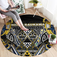 Aotearoa Ngati Raukawa Round Carpet Maori Tribal Yellow And Navy Paua Shell Pattern DT05 - Polynesian Pride