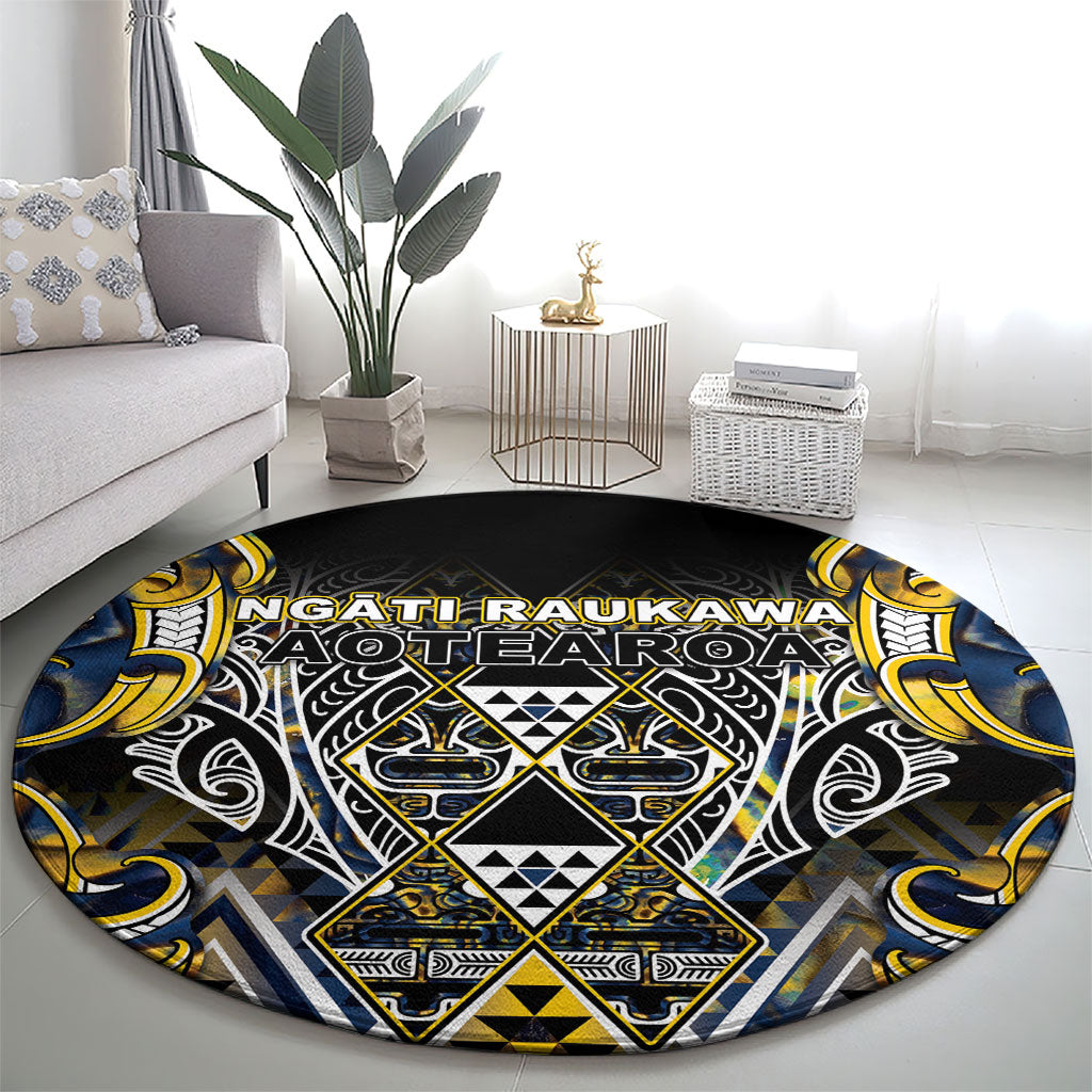 Aotearoa Ngati Raukawa Round Carpet Maori Tribal Yellow And Navy Paua Shell Pattern DT05 - Polynesian Pride