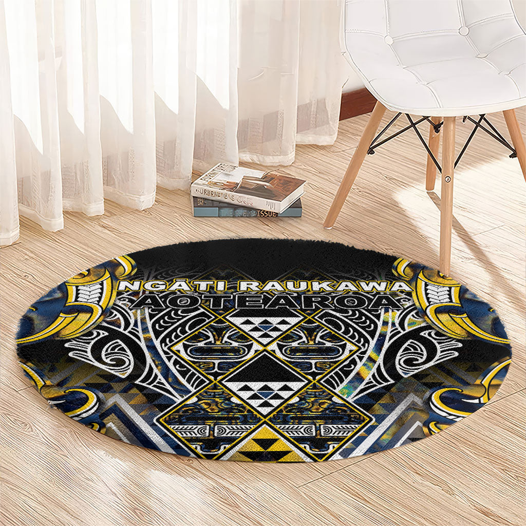 Aotearoa Ngati Raukawa Round Carpet Maori Tribal Yellow And Navy Paua Shell Pattern DT05 - Polynesian Pride