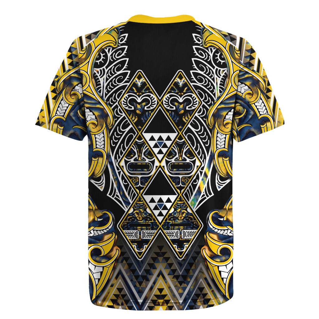 Aotearoa Ngati Raukawa Rugby Jersey Maori Tribal Yellow And Navy Paua Shell Pattern DT05 - Polynesian Pride