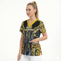 Aotearoa Ngati Raukawa Scrub Top Maori Tribal Yellow And Navy Paua Shell Pattern DT05 - Polynesian Pride