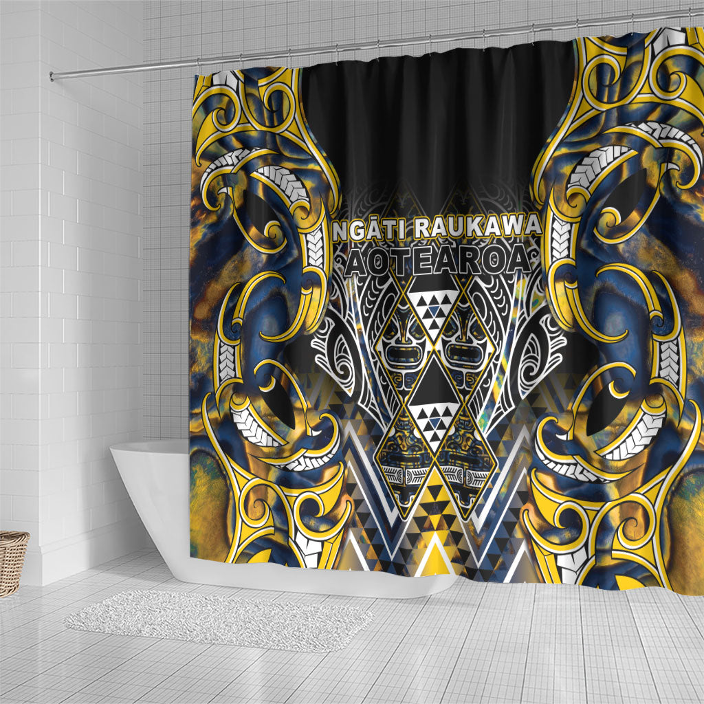 Aotearoa Ngati Raukawa Shower Curtain Maori Tribal Yellow And Navy Paua Shell Pattern DT05 - Polynesian Pride