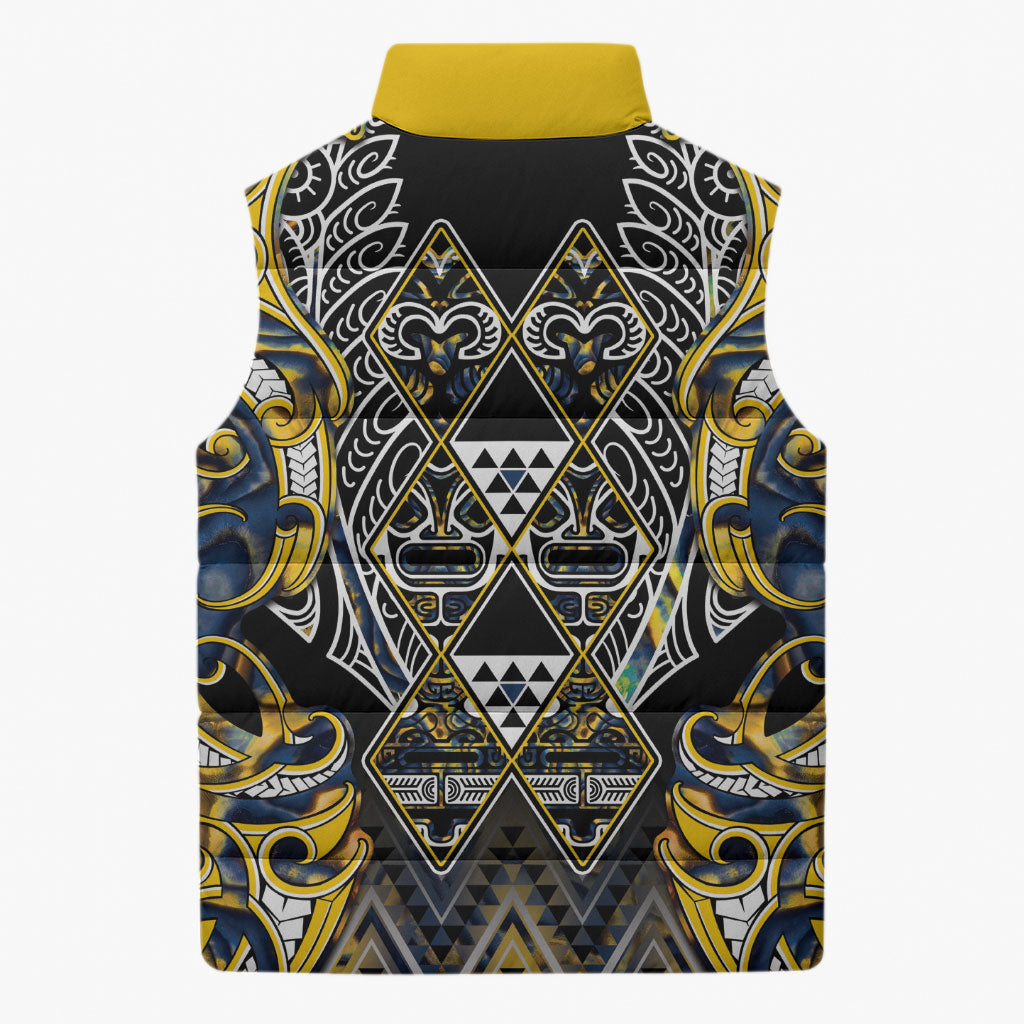 Aotearoa Ngati Raukawa Sleeveless Puffer Jacket Maori Tribal Yellow And Navy Paua Shell Pattern DT05 - Polynesian Pride