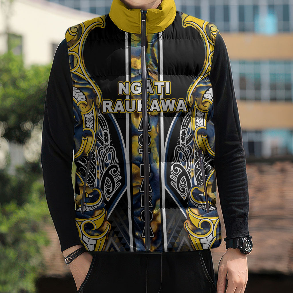 Aotearoa Ngati Raukawa Sleeveless Puffer Jacket Maori Tribal Yellow And Navy Paua Shell Pattern DT05 - Polynesian Pride