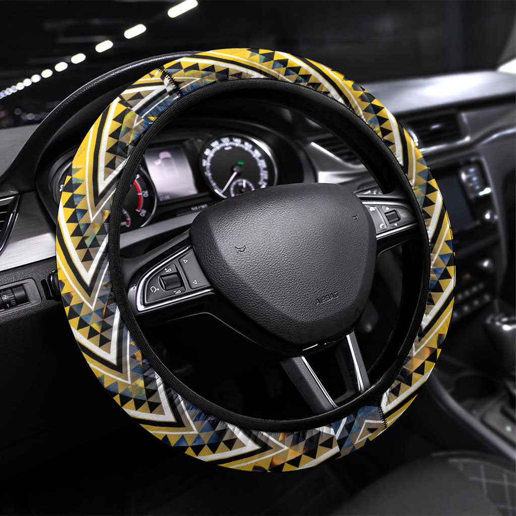 Aotearoa Ngati Raukawa Steering Wheel Cover Maori Tribal Yellow And Navy Paua Shell Pattern DT05 Universal Fit Yellow - Polynesian Pride