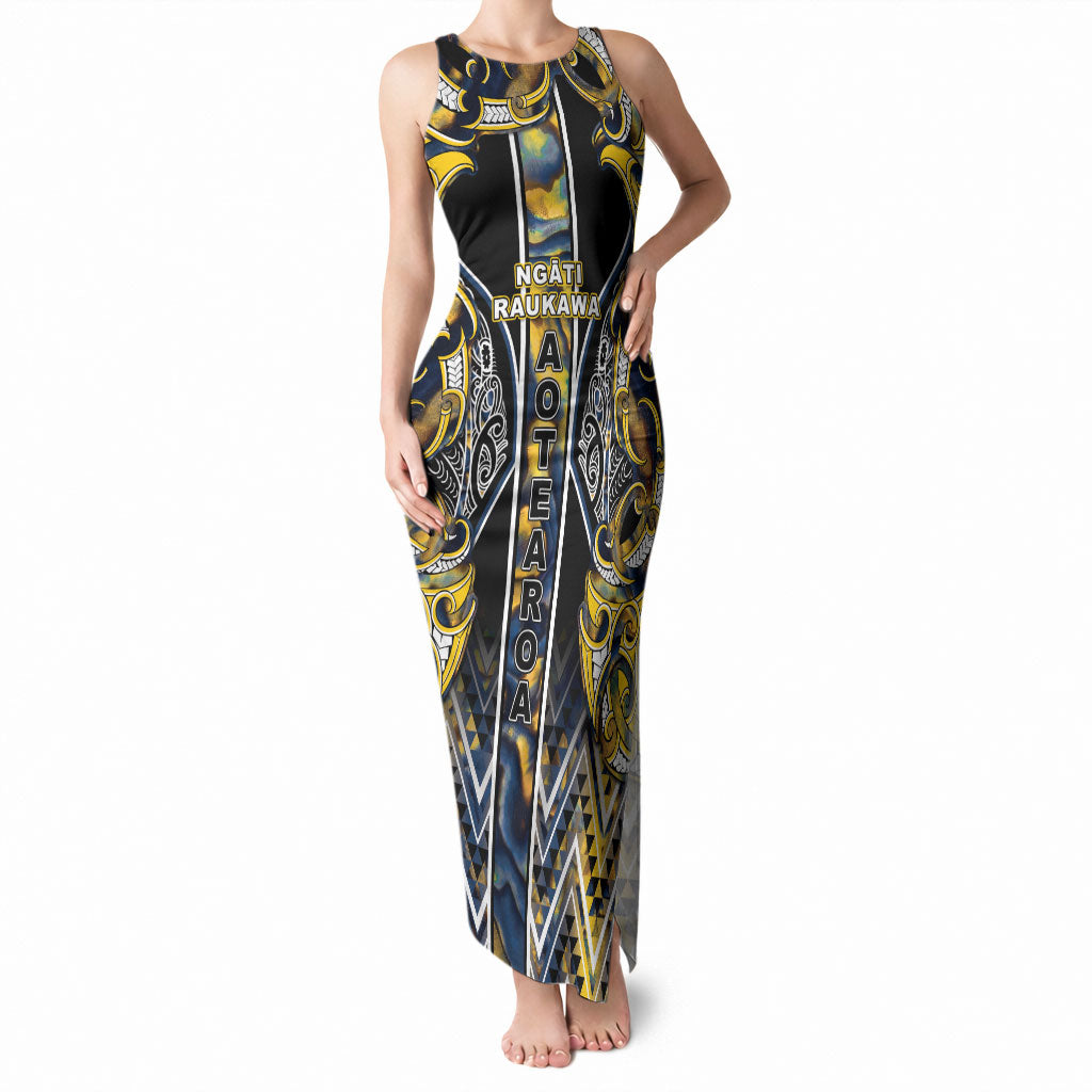 Aotearoa Ngati Raukawa Tank Maxi Dress Maori Tribal Yellow And Navy Paua Shell Pattern DT05 Women Yellow - Polynesian Pride
