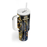 Aotearoa Ngati Raukawa Tumbler With Handle Maori Tribal Yellow And Navy Paua Shell Pattern DT05 - Polynesian Pride