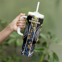 Aotearoa Ngati Raukawa Tumbler With Handle Maori Tribal Yellow And Navy Paua Shell Pattern DT05 - Polynesian Pride