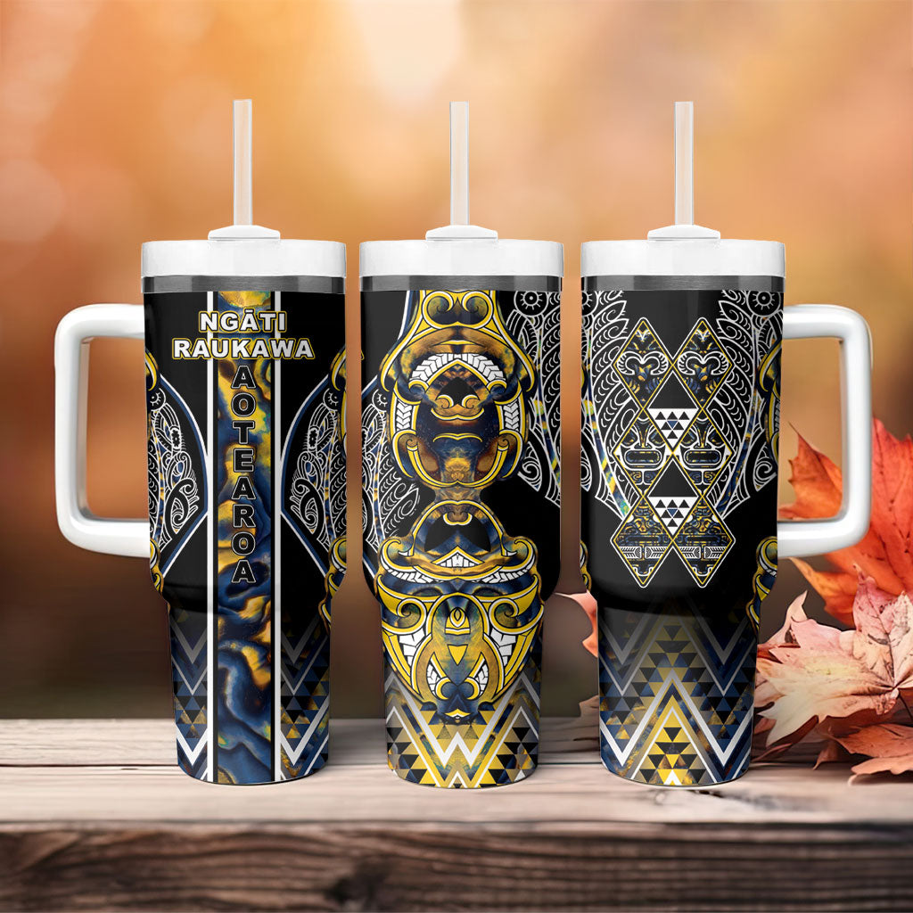 Aotearoa Ngati Raukawa Tumbler With Handle Maori Tribal Yellow And Navy Paua Shell Pattern DT05 - Polynesian Pride