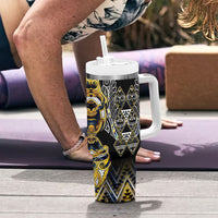 Aotearoa Ngati Raukawa Tumbler With Handle Maori Tribal Yellow And Navy Paua Shell Pattern DT05 - Polynesian Pride