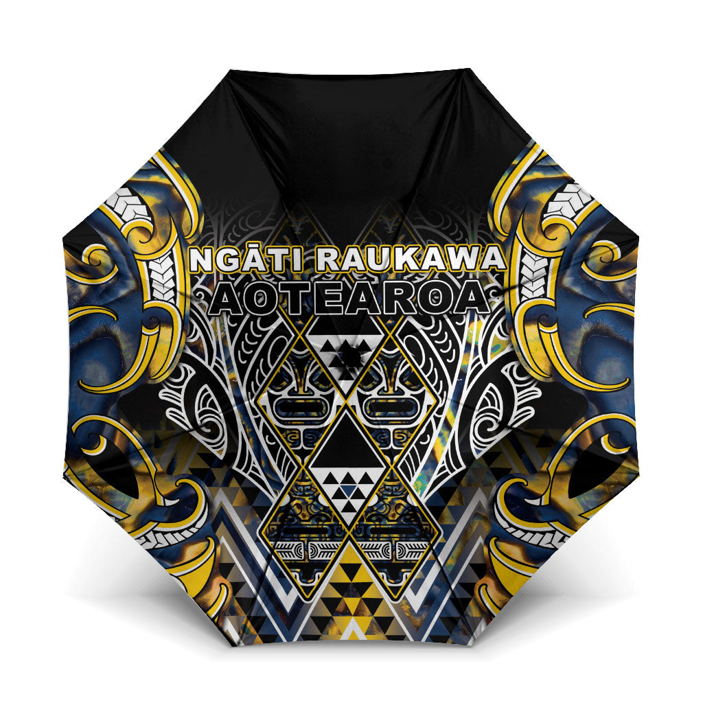 Aotearoa Ngati Raukawa Umbrella Maori Tribal Yellow And Navy Paua Shell Pattern DT05 One Size Folded 11.42 inch Opened Diameter 37.4 inch Yellow - Polynesian Pride
