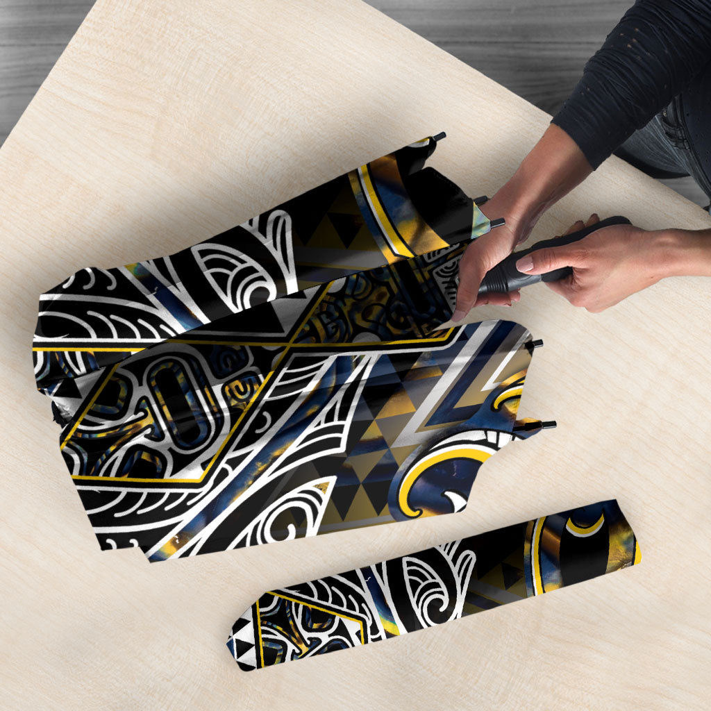 Aotearoa Ngati Raukawa Umbrella Maori Tribal Yellow And Navy Paua Shell Pattern DT05 - Polynesian Pride