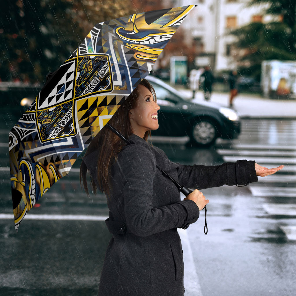 Aotearoa Ngati Raukawa Umbrella Maori Tribal Yellow And Navy Paua Shell Pattern DT05 - Polynesian Pride