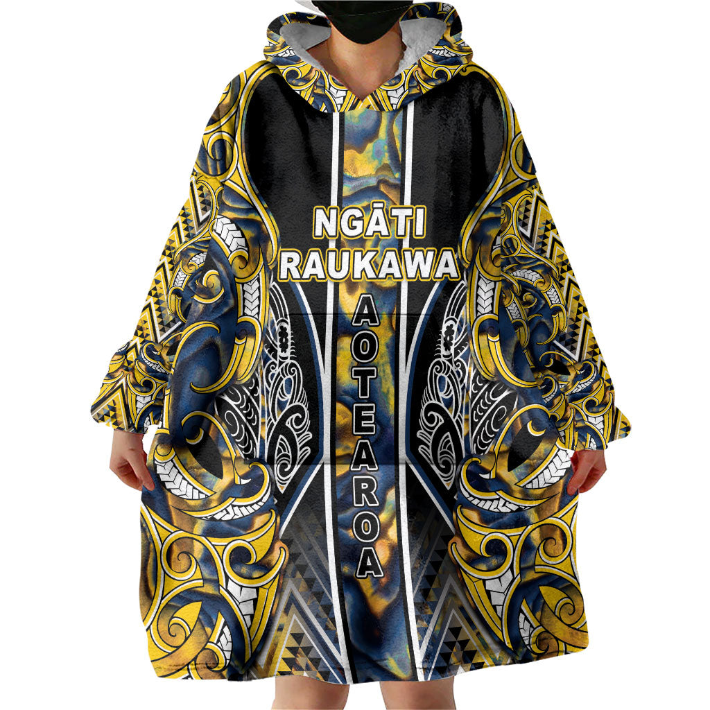 Aotearoa Ngati Raukawa Wearable Blanket Hoodie Maori Tribal Yellow And Navy Paua Shell Pattern DT05 - Polynesian Pride