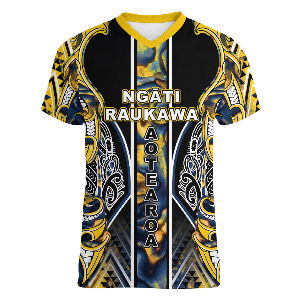 Aotearoa Ngati Raukawa Women V-Neck T-Shirt Maori Tribal Yellow And Navy Paua Shell Pattern DT05 Female Yellow - Polynesian Pride