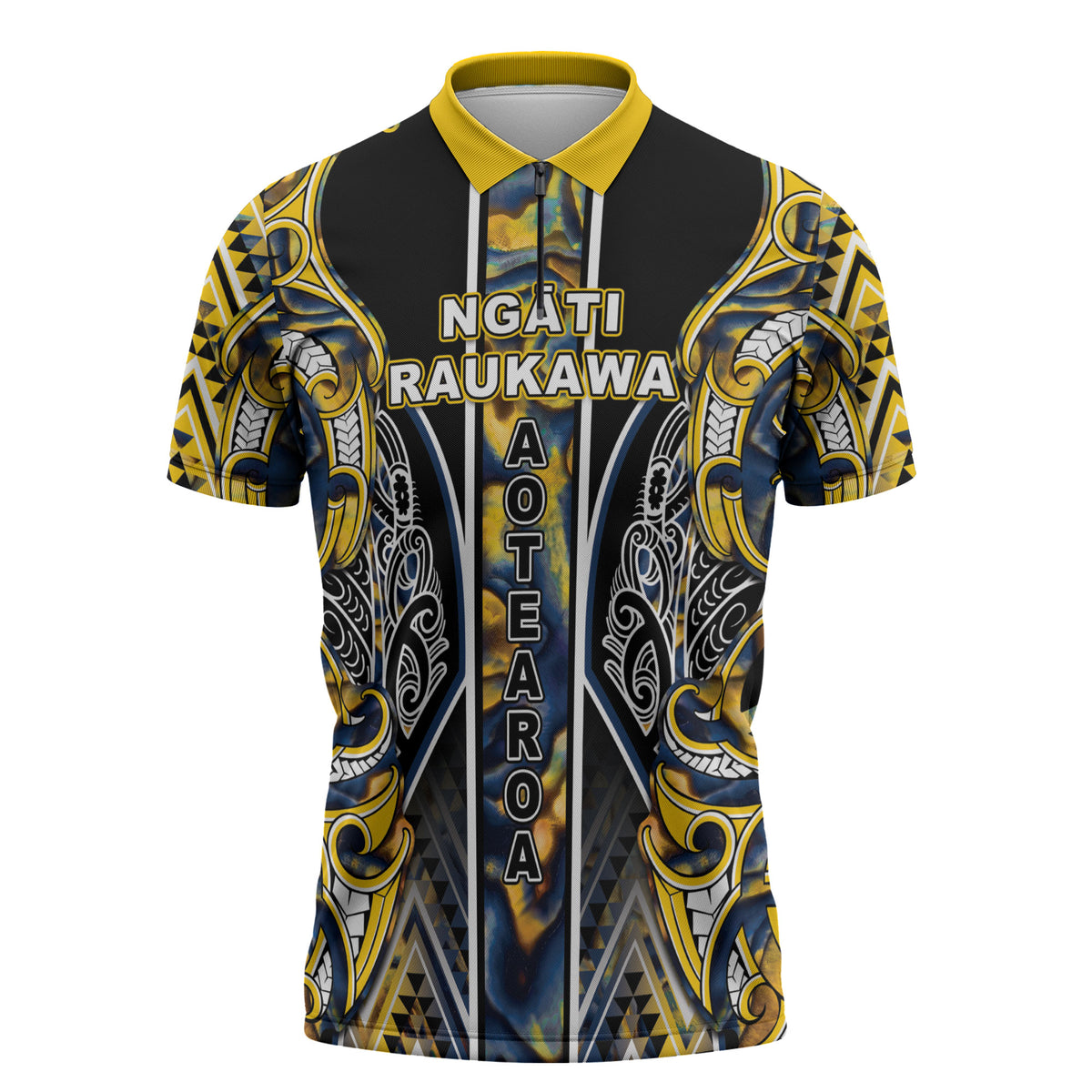 Aotearoa Ngati Raukawa Zipper Polo Shirt Maori Tribal Yellow And Navy Paua Shell Pattern DT05 Yellow - Polynesian Pride