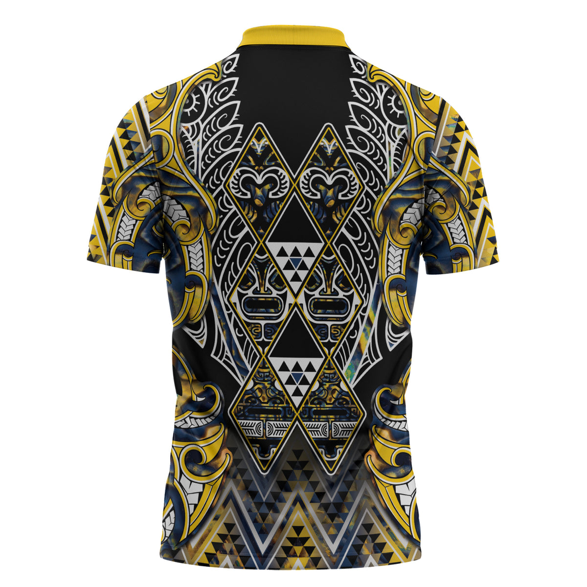 Aotearoa Ngati Raukawa Zipper Polo Shirt Maori Tribal Yellow And Navy Paua Shell Pattern DT05 - Polynesian Pride